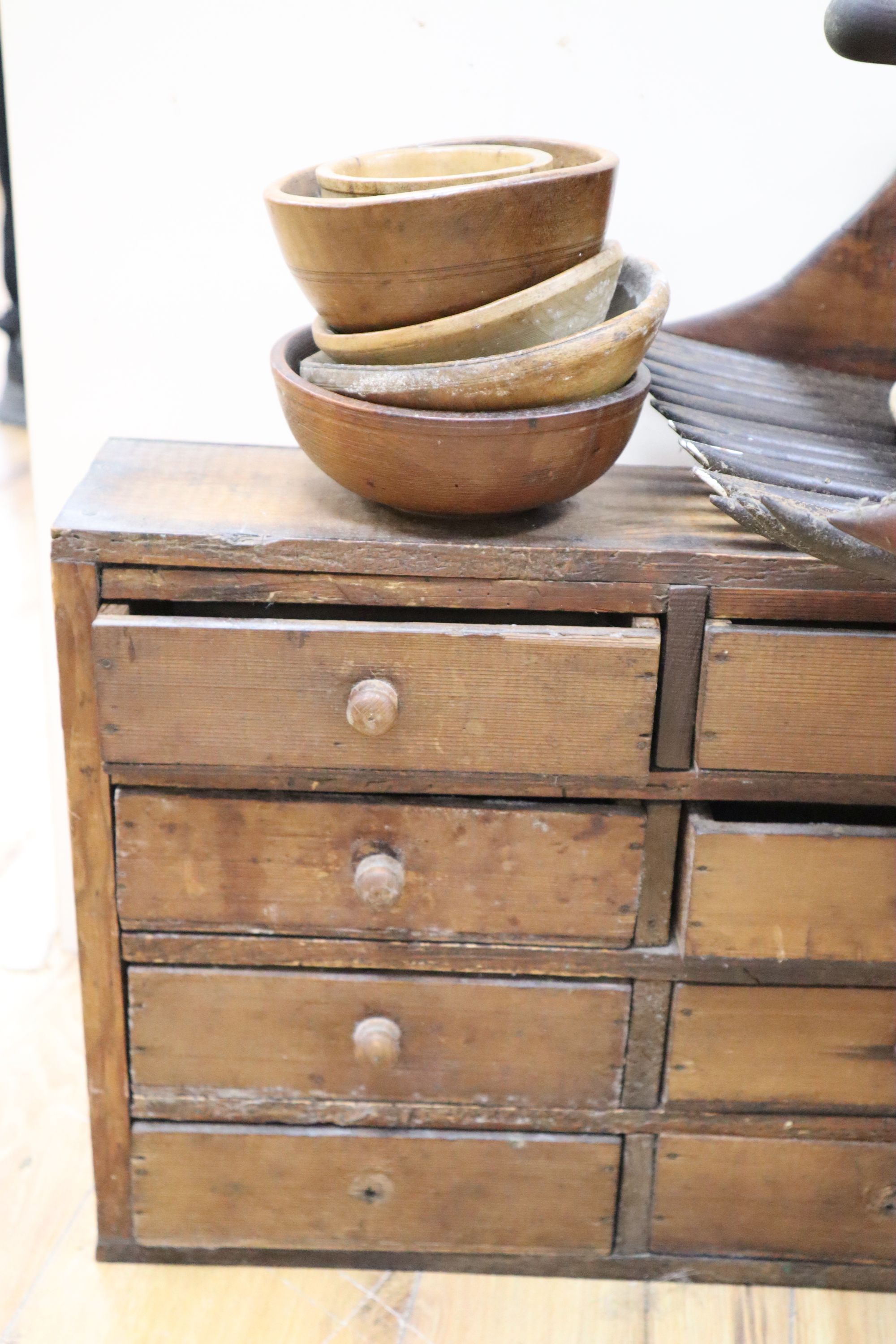 A quantity of mixed treen, including spice drawers, agricultural scoop etc.